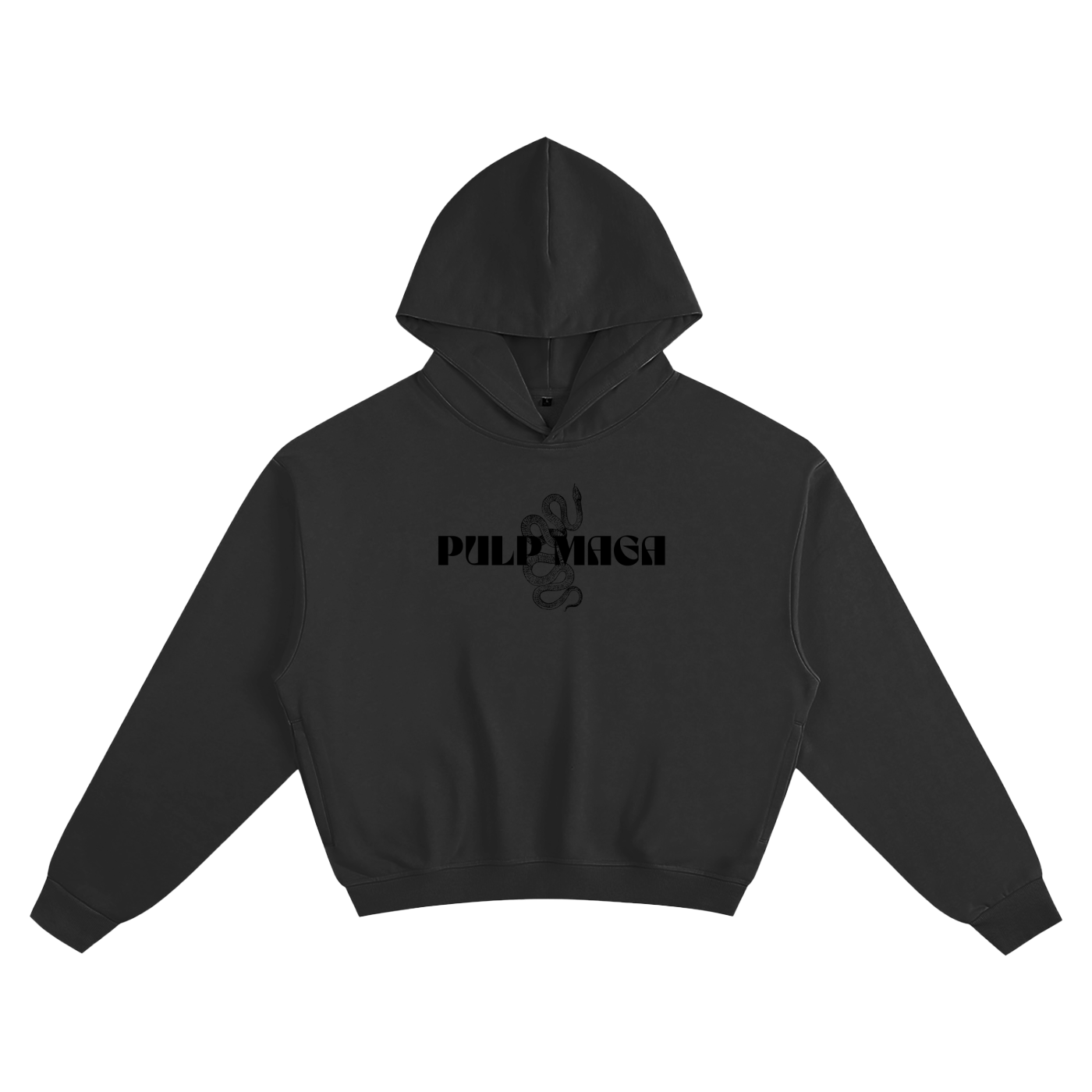 anti-globalist boxy hoodie with pulp maga snake logo black on black