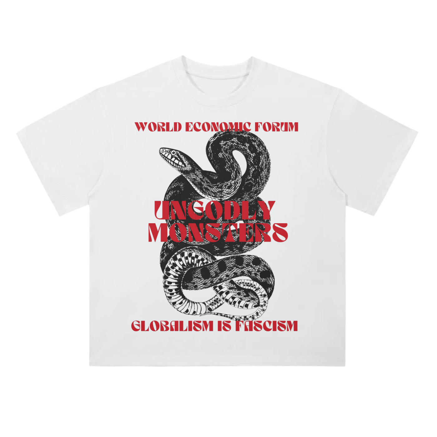 White streetwear “Globalism is Fascism” drop shoulder T-shirt with pulp fiction-style red and black graphic.