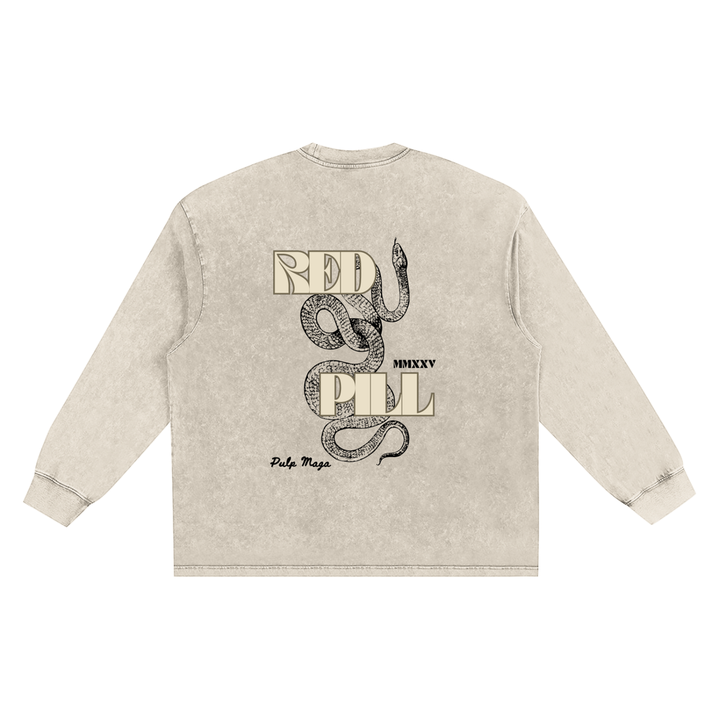 RED PILL | SERPENS MAGISTER - CREAM INK - Snow Wash Streetwear Long Sleeve Tee