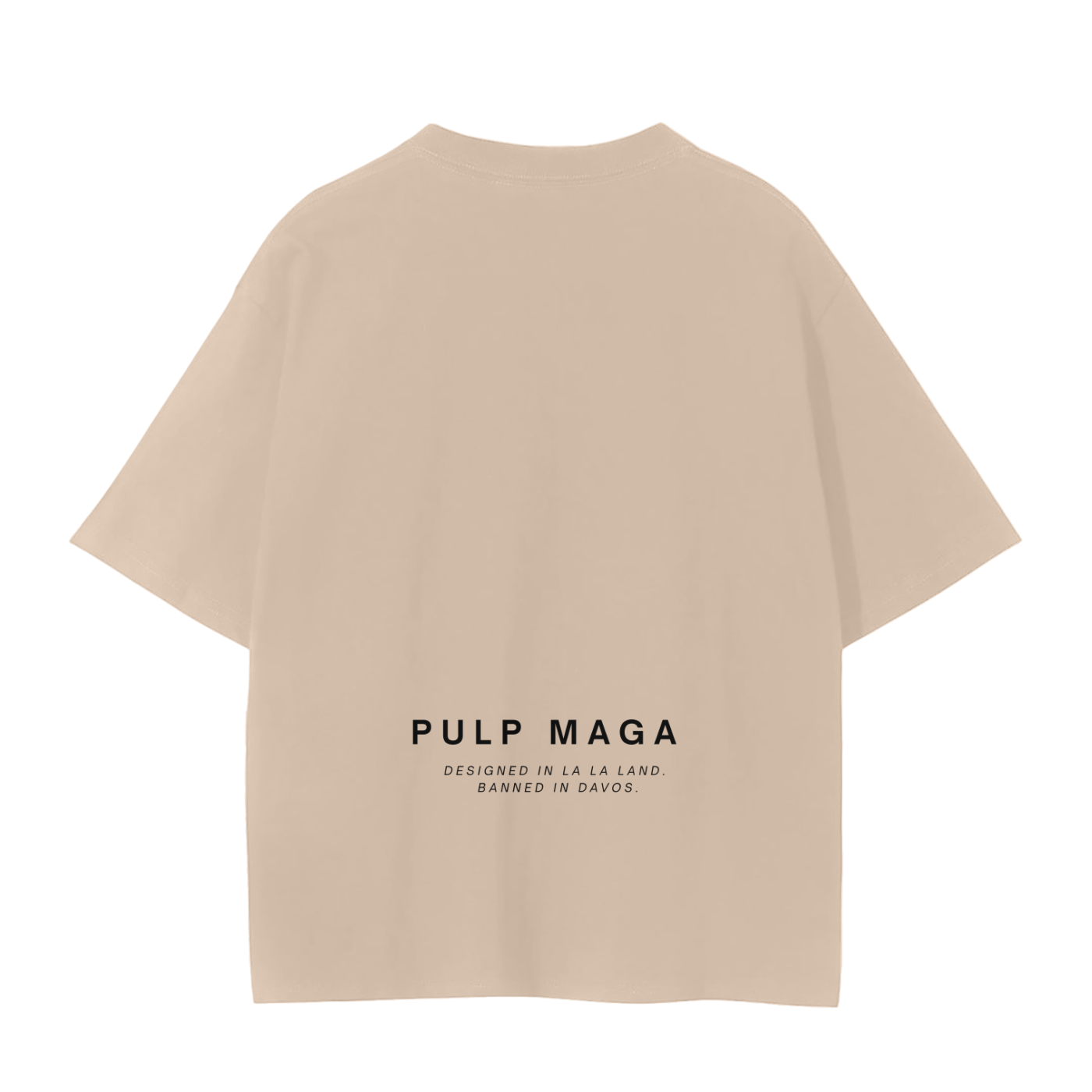 Back of camel color shirt – subtle unisex silhouette with no rear graphics
