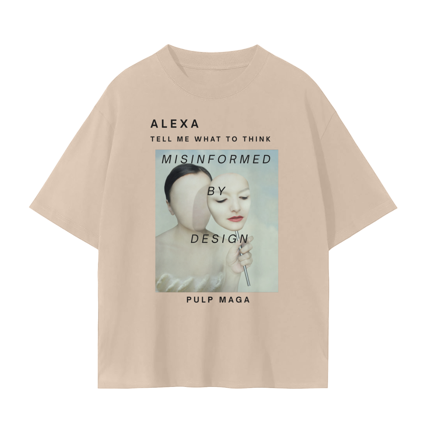 Camel beige tee with Alexa parody art and glitch-inspired surrealist print