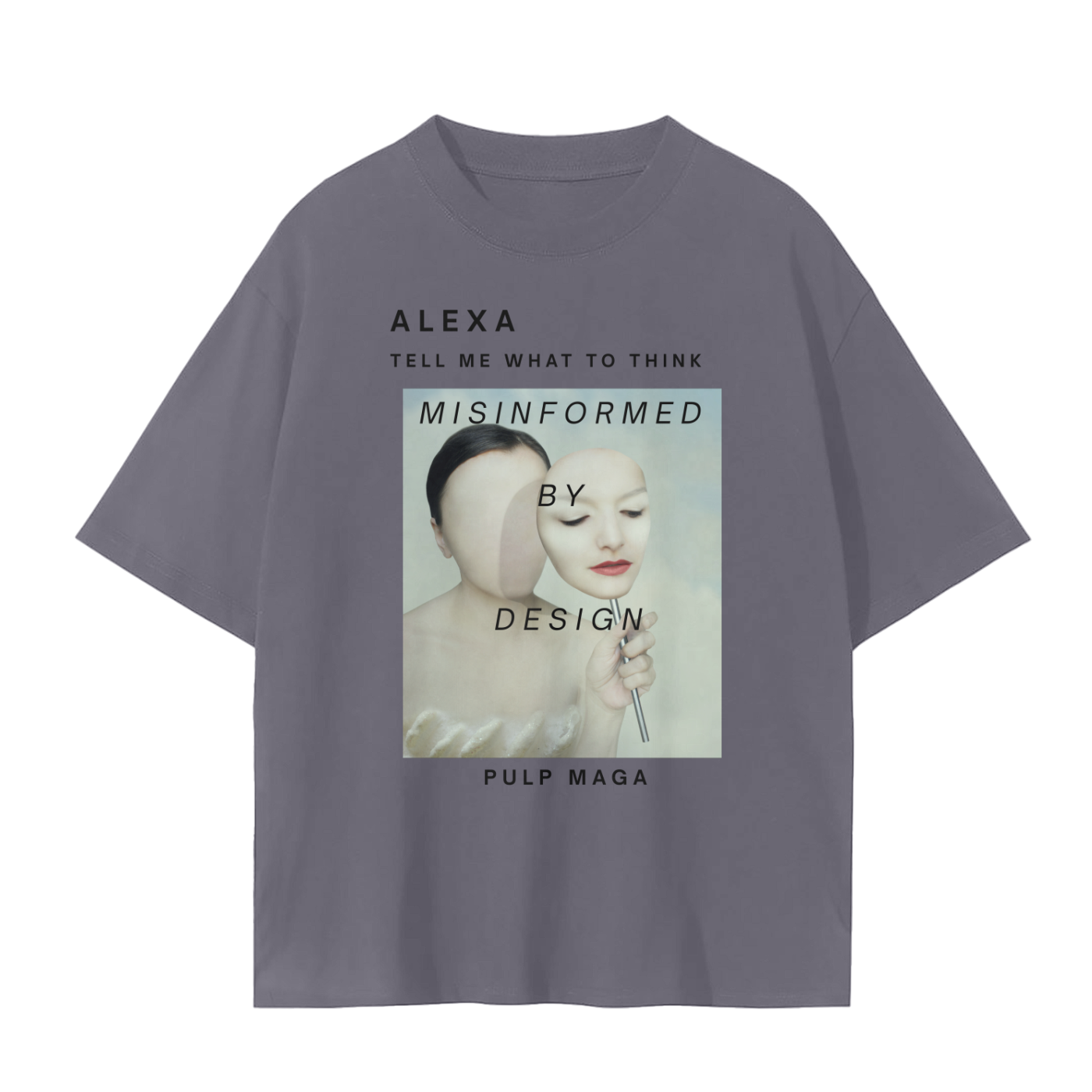 Dark gray streetwear t-shirt with surreal AI control message and illustrated woman’s face