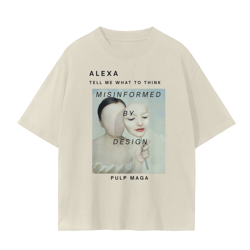 Peach apricot t-shirt with glitch art female graphic and Alexa commentary – anti-tech streetwear