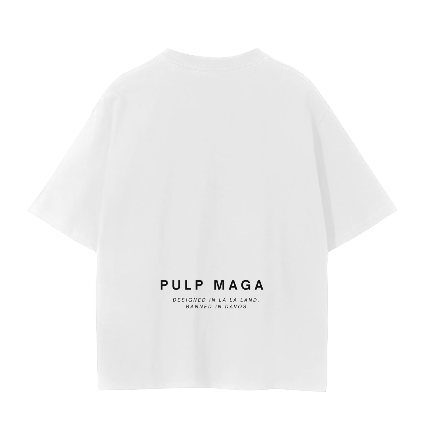 Back of solid white cotton tee – minimal branding and seamless construction