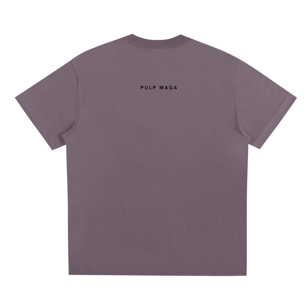 EGGPLANT PREMIUM COTTON T-SHIRT WITH PULP MAGA LOGO ON BACK IN THET STYLE OF FEAR OF GOD