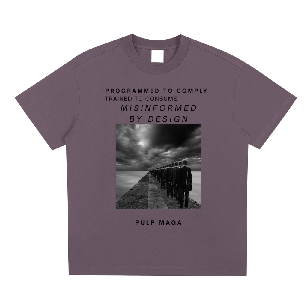 TRIPPY PURPLE T-SHIRT WITH DYSTOPIAN MAGA MESSAGE 1984 STYLE