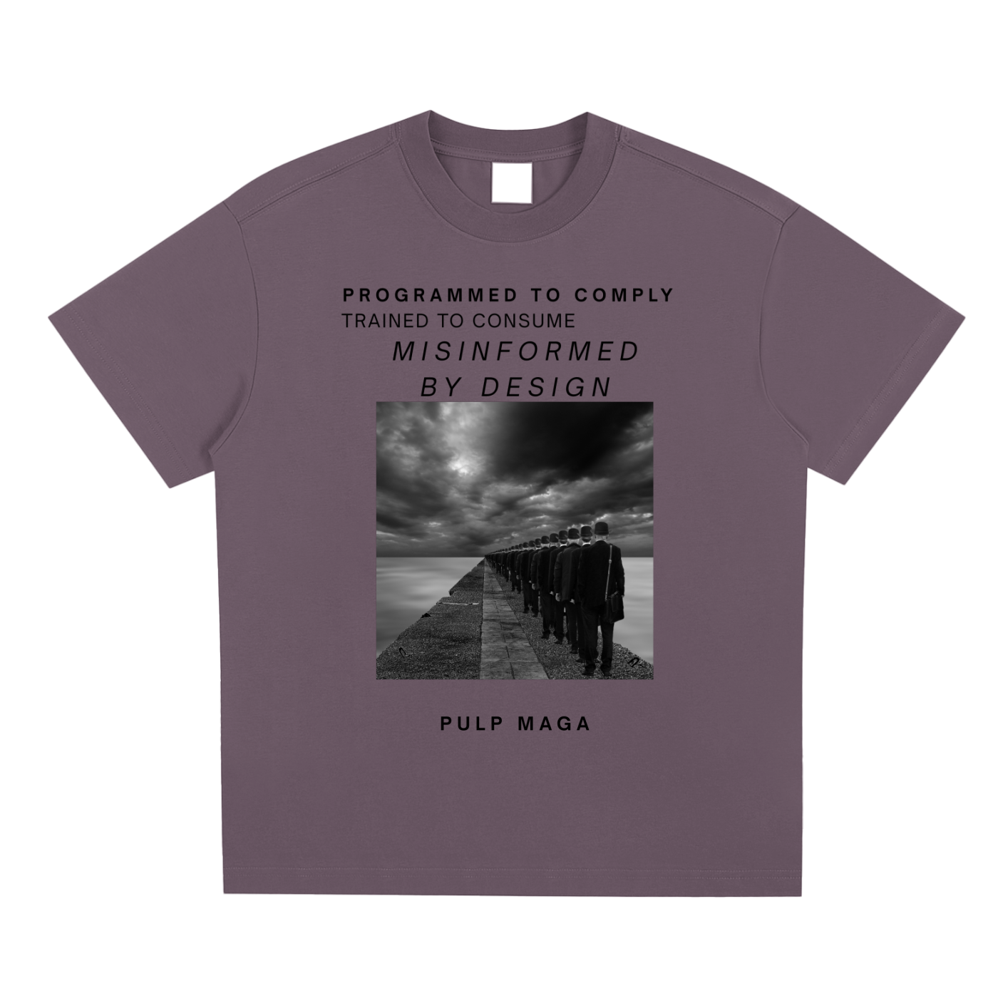 TRIPPY PURPLE T-SHIRT WITH DYSTOPIAN MAGA MESSAGE 1984 STYLE