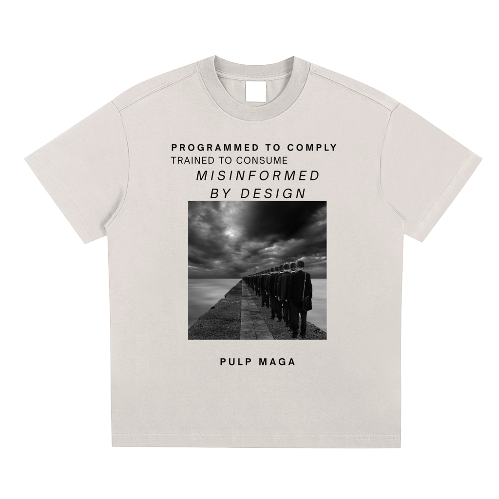 PREMIUM STREETWEAR T-SHIRT FOR GEN-Z REPUBLICANS WITH PROGRAMMED TO COMPLY TEXT IN MINIMAL STYLE