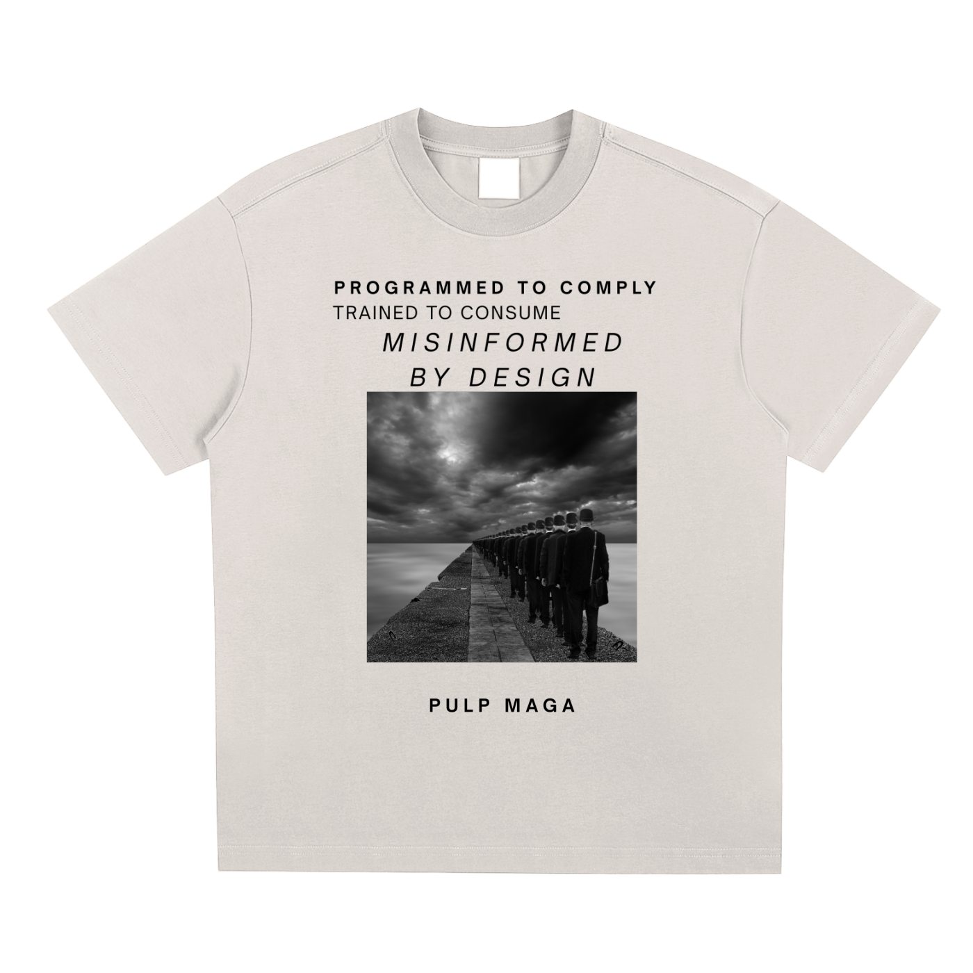 PREMIUM STREETWEAR T-SHIRT FOR GEN-Z REPUBLICANS WITH PROGRAMMED TO COMPLY TEXT IN MINIMAL STYLE