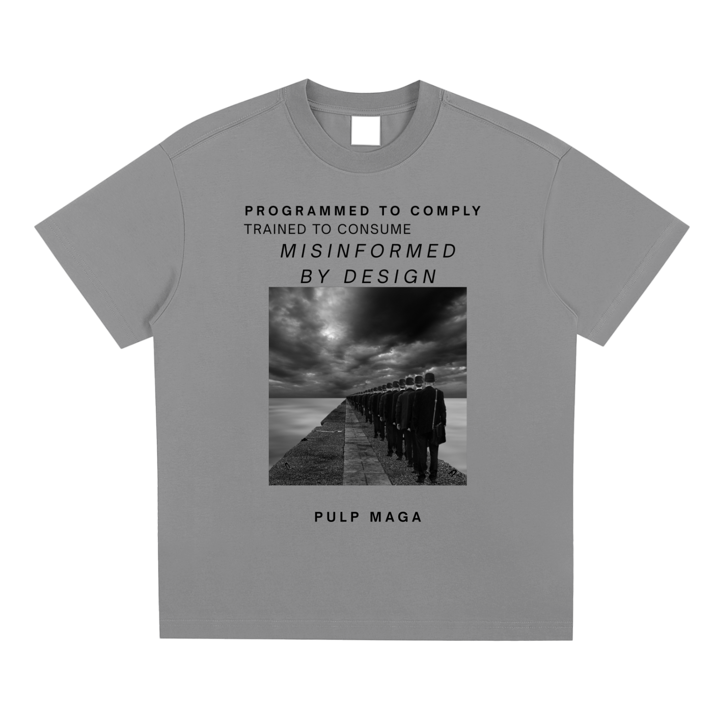 NEW AGE STYLE GRAPHIC 1984 SHIRT WITH PULP MAGA MINIMAL TEXT MISIFORMED BY DESIGN