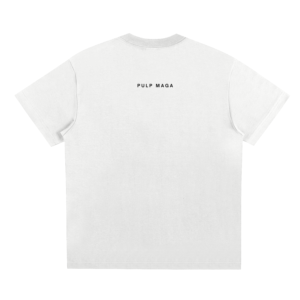 MINIMAL STYLE FONT WITH PULP MAGA TEXT ON WHITE TEE FOR MODERN PATRIOTS