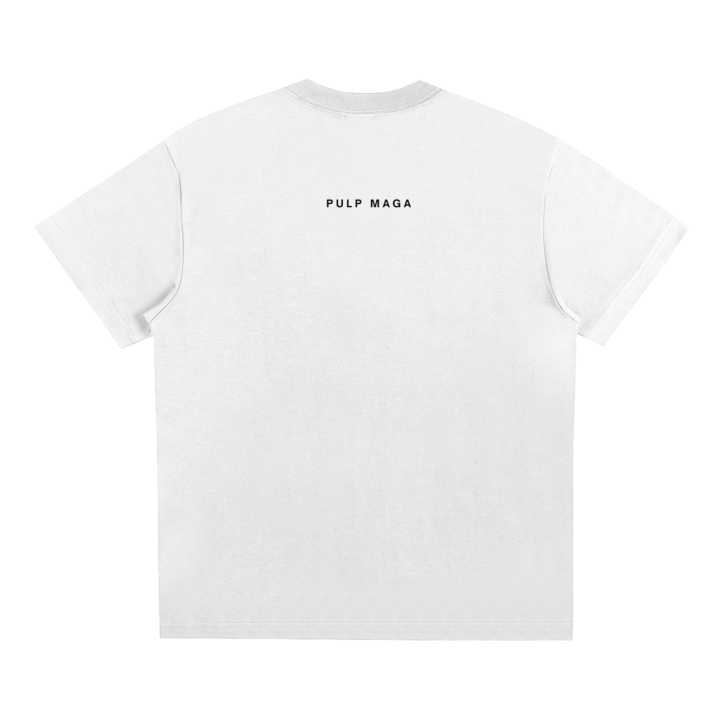 MINIMAL STYLE FONT WITH PULP MAGA TEXT ON WHITE TEE FOR MODERN PATRIOTS