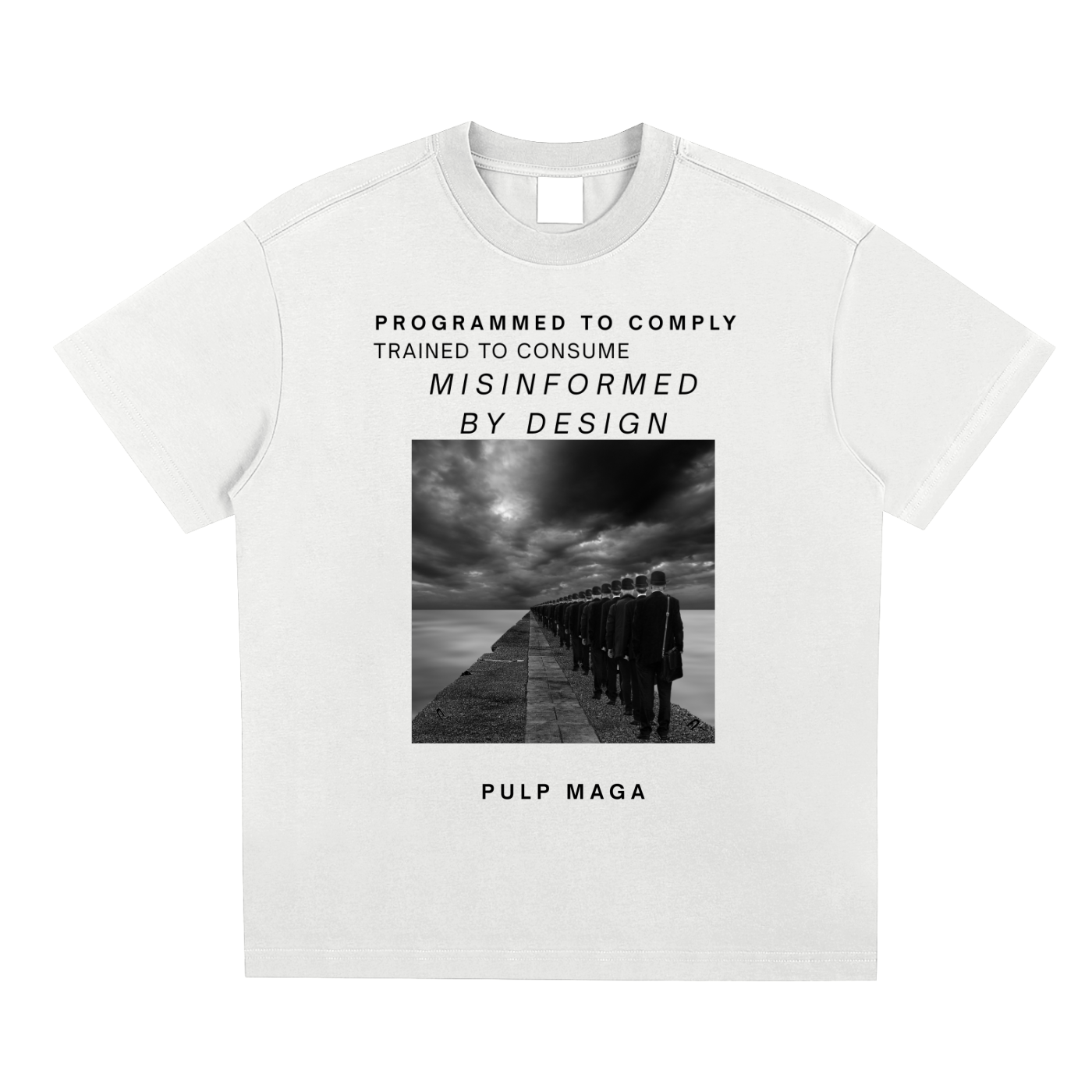 WHITE T-SHIRT WITH GEORGE ORWELL STYLE GRAPHIC AND POLITICAL MESSAGING
