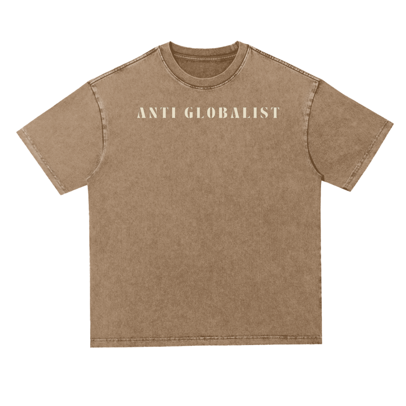 anti-globalist essential tee in coffee acid wash – front view