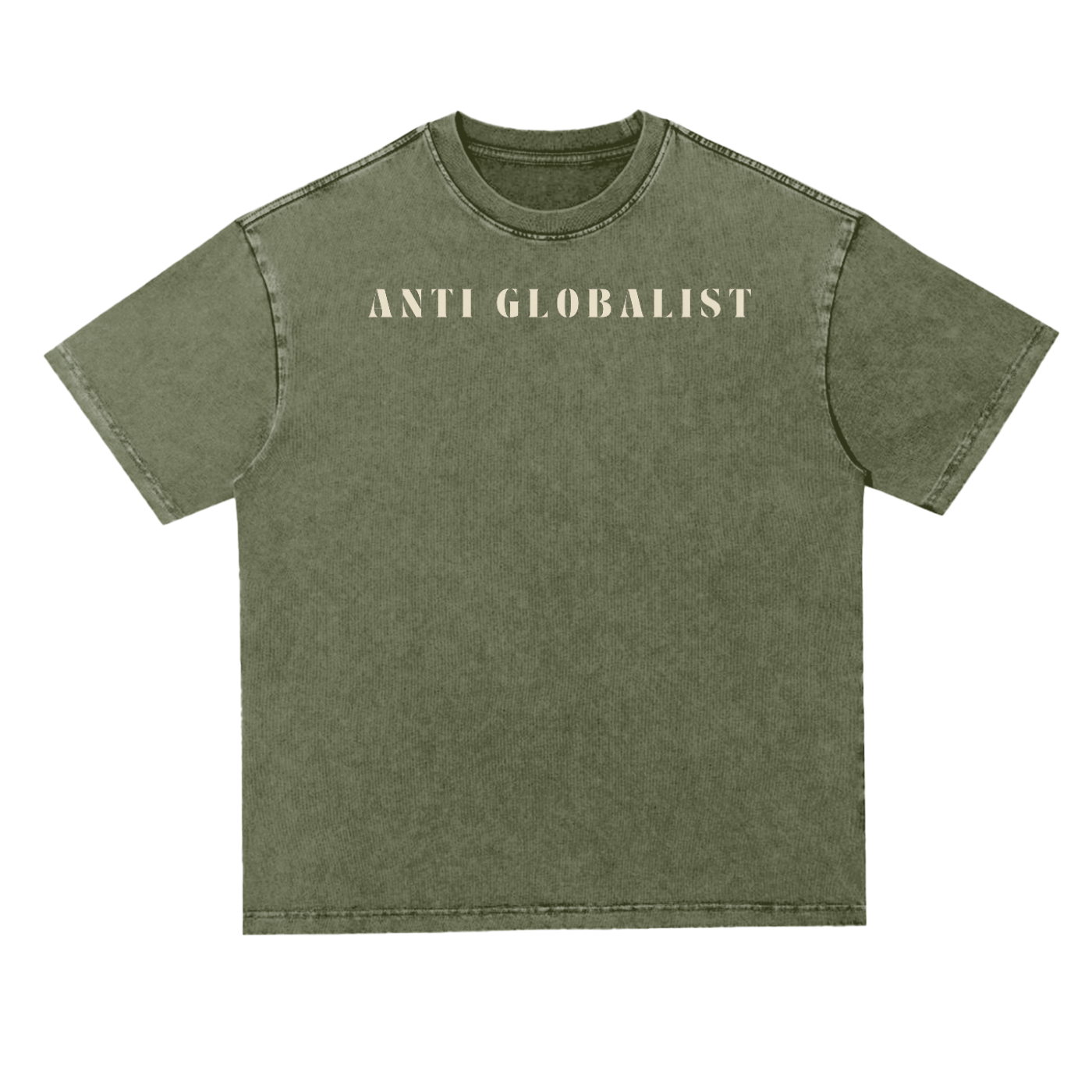 anti-globalist essential tee in green acid wash – front view