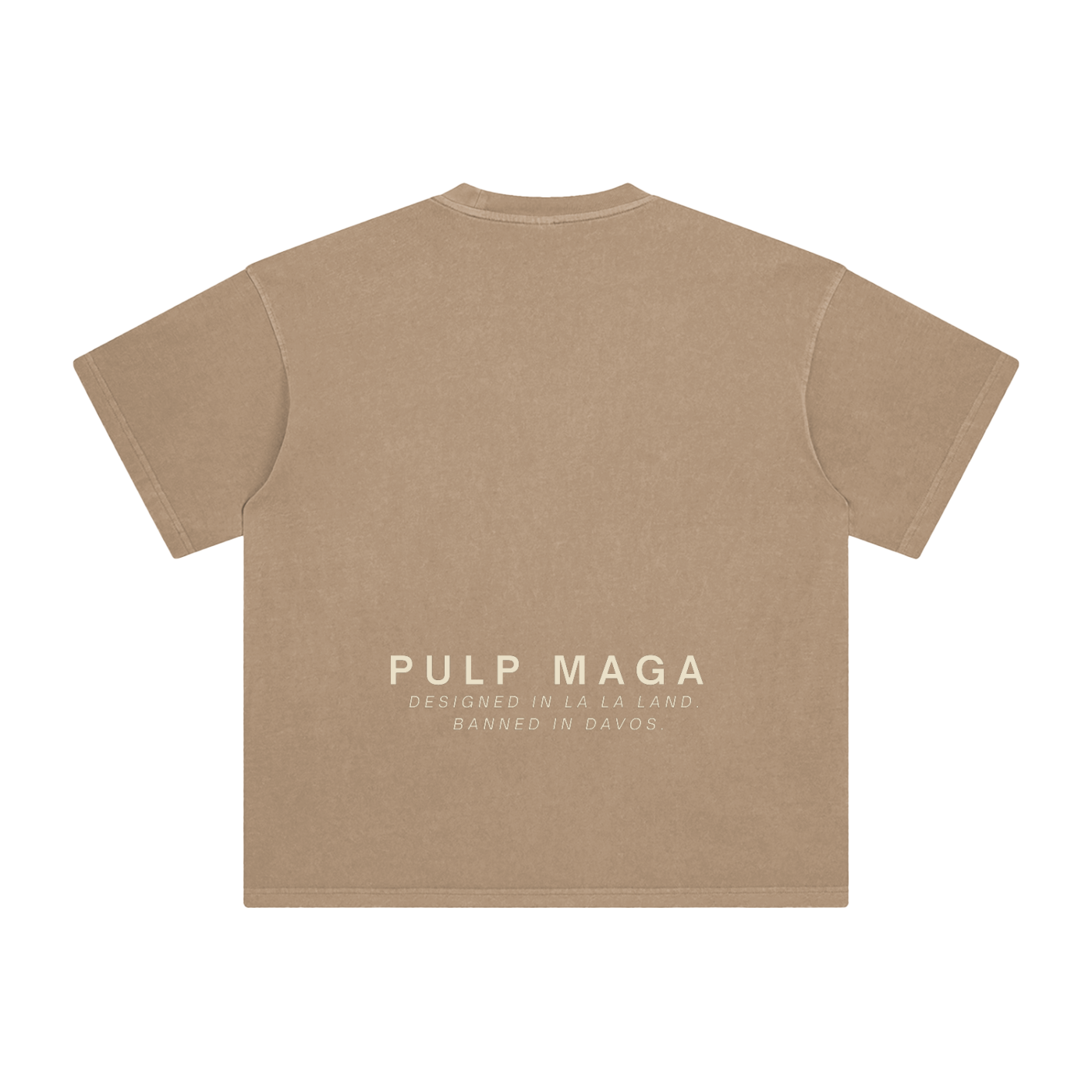 pulp maga camel t-shirt with cream text banned in Davos 