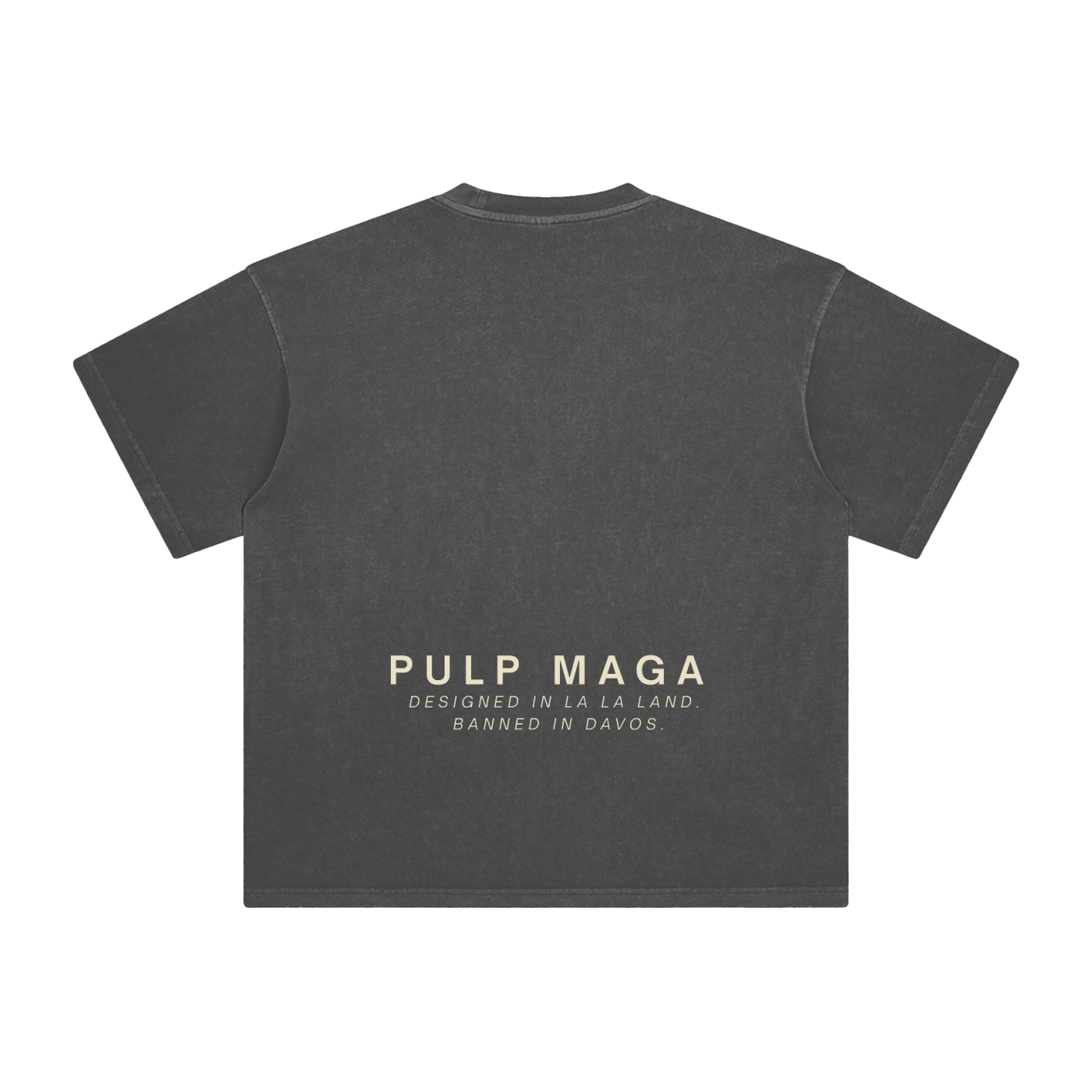 banned in Davos with pulp maga logo on dark gray streetwear shirt