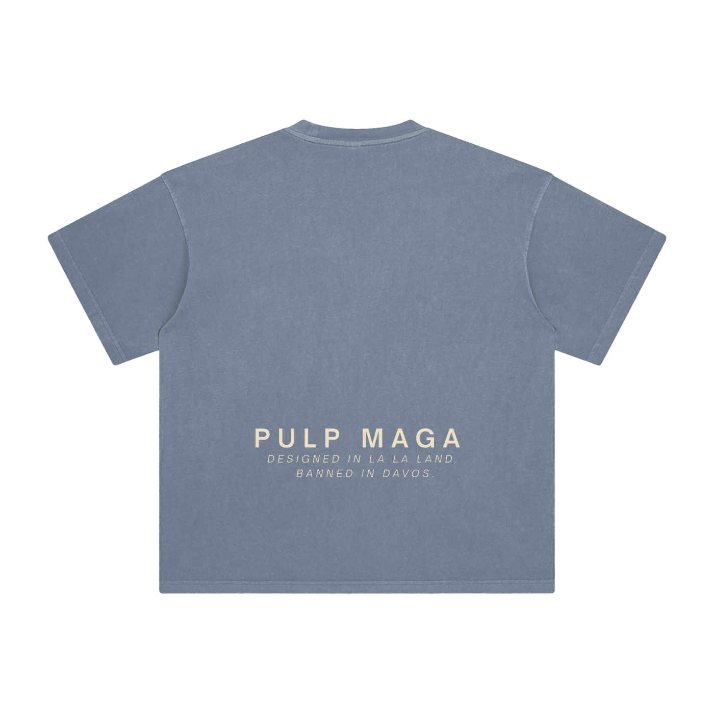 minimal banned in Davos text on gray blue maga t-shirt