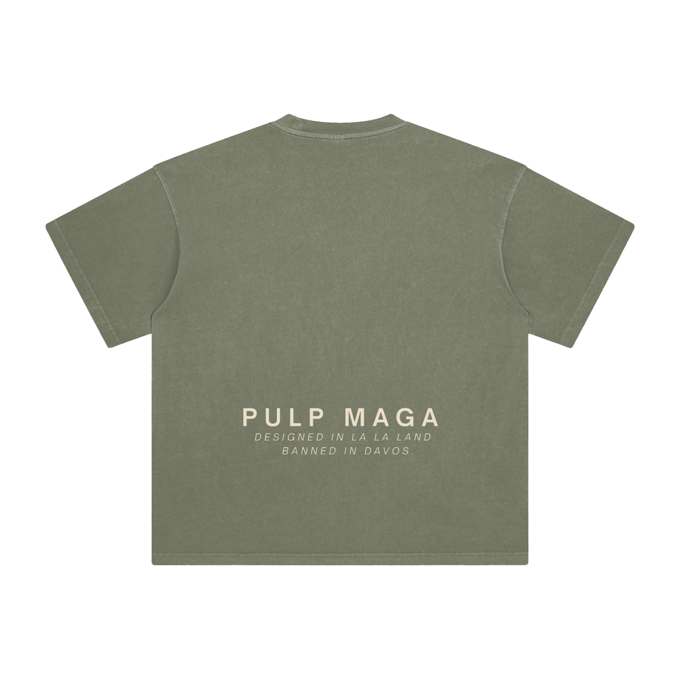 gray green maga logo tee with banned in davos text written in minimal cream