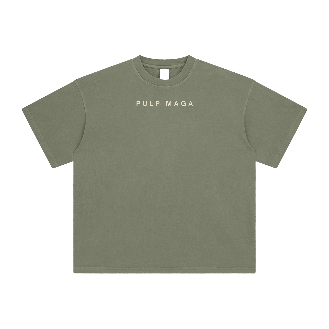 gray green quiet pulp maga logo tee with cream text