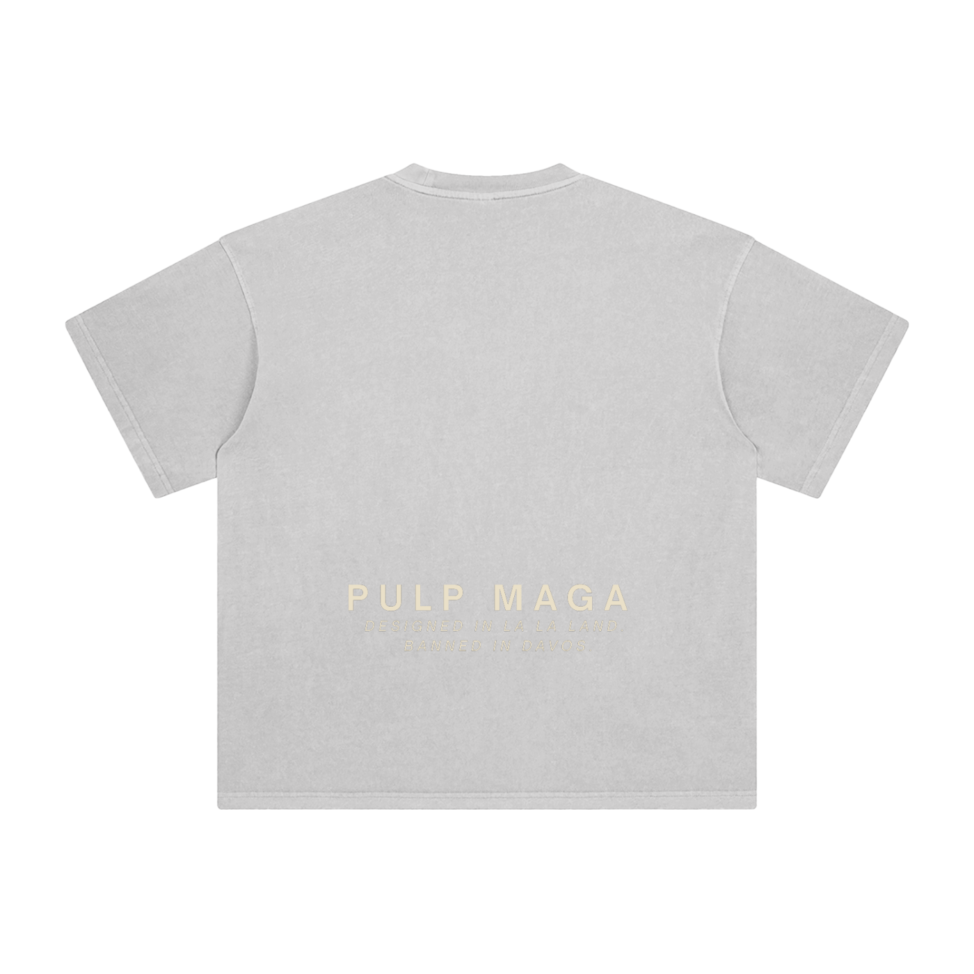gray tee with banned in davos pulp maga logo text in cream