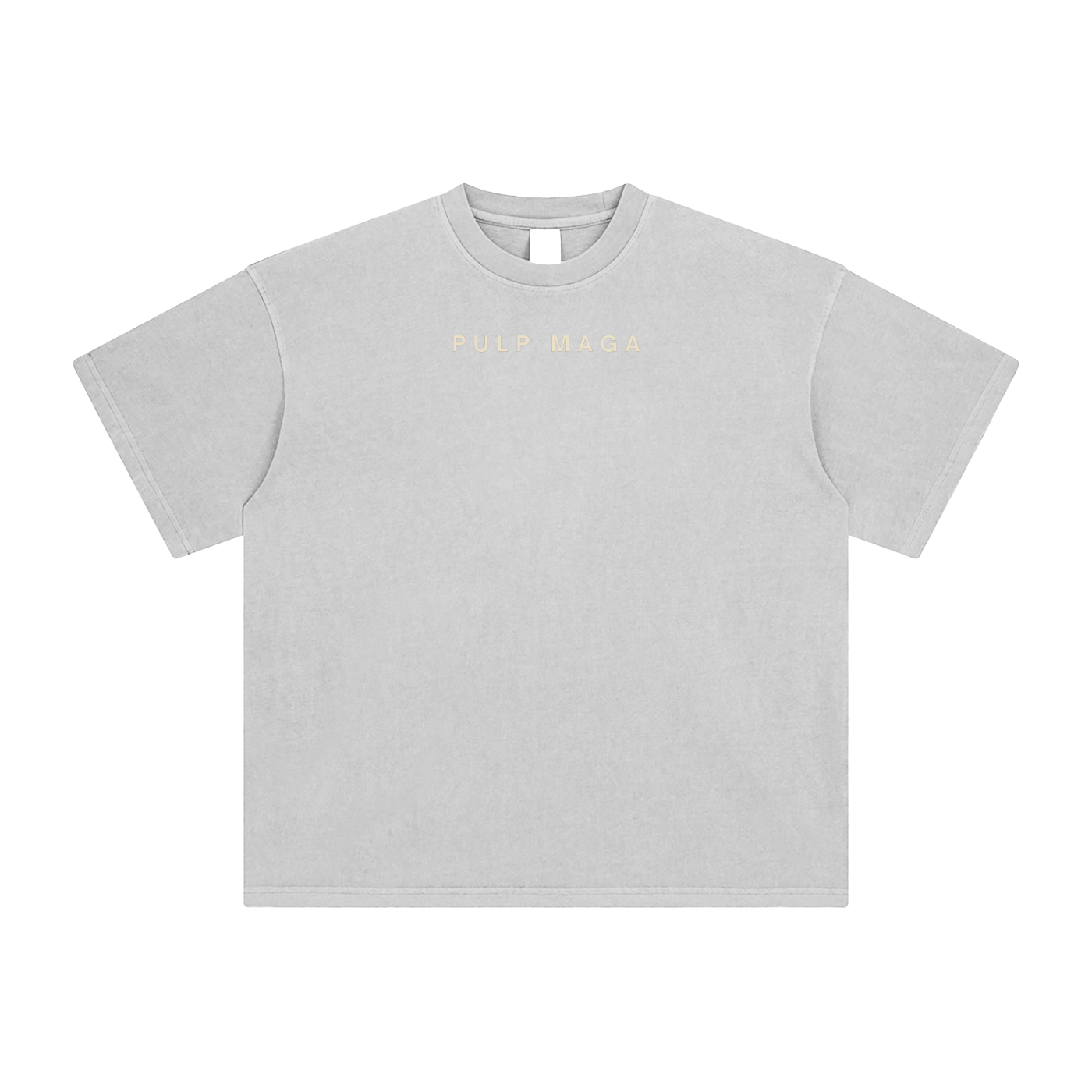 gray pulp maga logo tee with cream logo text
