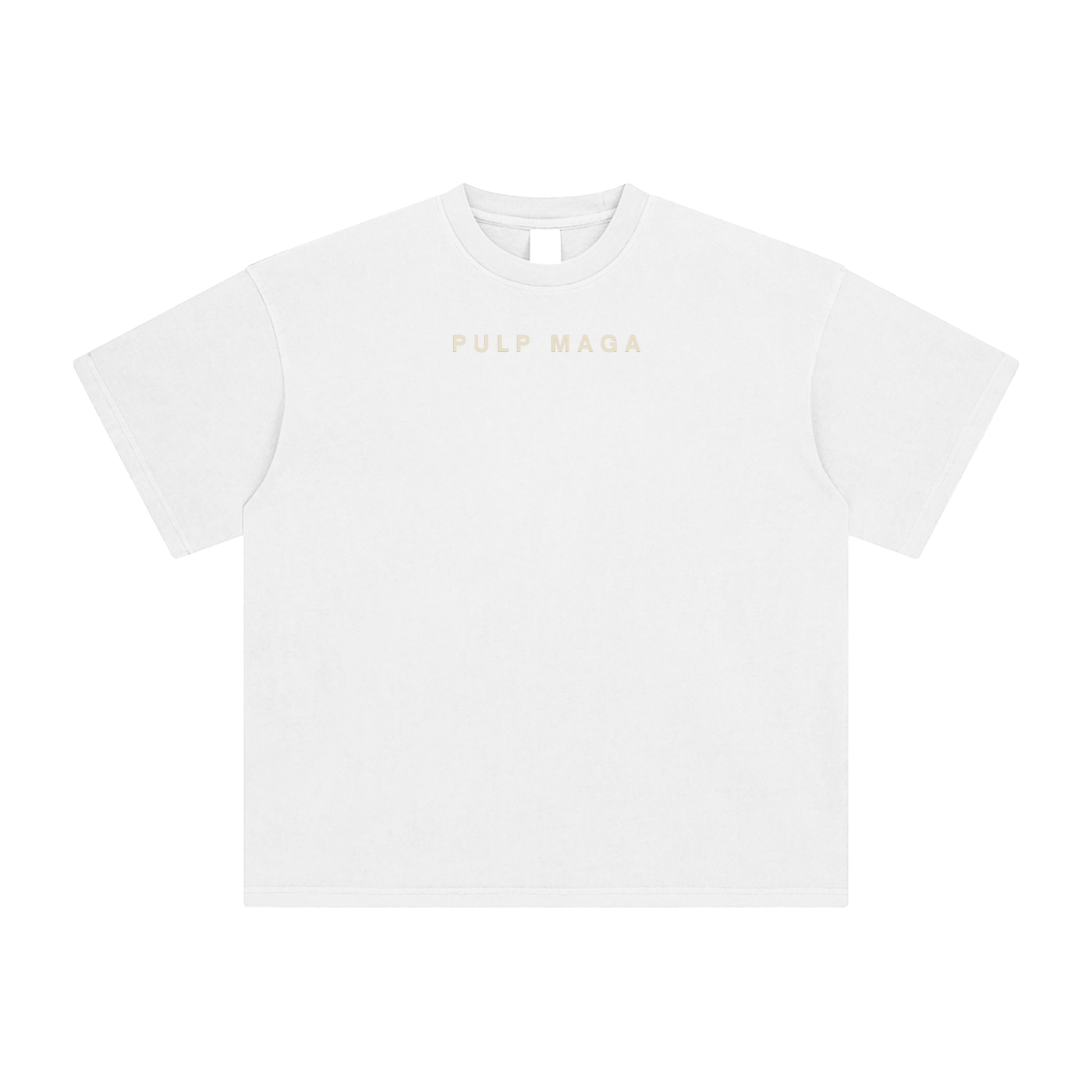 white minimal pulp maga logo tee with cream text