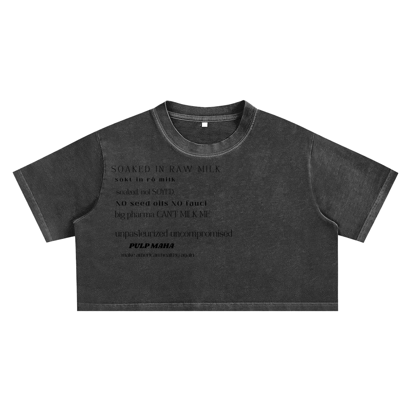 womens black crop top with soaked in raw milk RFK text