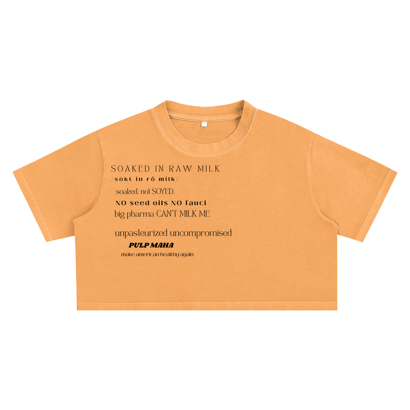 maga orange crop top with anti big pharma black text no seed oils