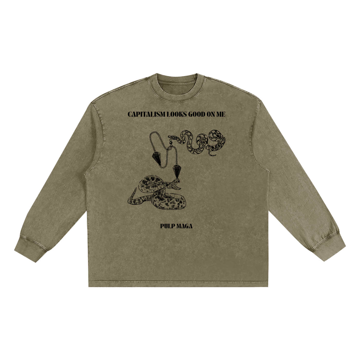 gray green long sleeve wolf of wall street tee with custom capitalism looks good on me text in black