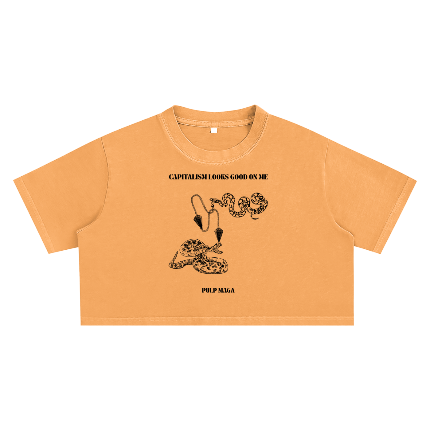 women wolf of wall street y2k tank in orange with capitalism looks good on me vogue text and fashion snake illustration