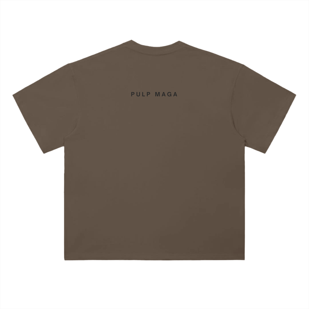 DESIGNER STYLE MAGA MERCH WITH MINIMAL PULP MAGA TEXT IN BLACK ON COFFEE BROWN T-SHIRT