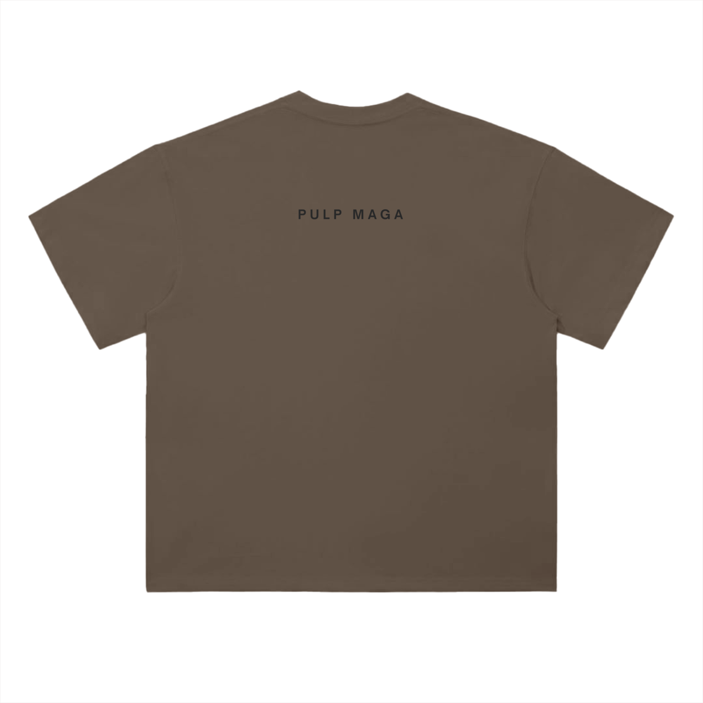 DESIGNER STYLE MAGA MERCH WITH MINIMAL PULP MAGA TEXT IN BLACK ON COFFEE BROWN T-SHIRT
