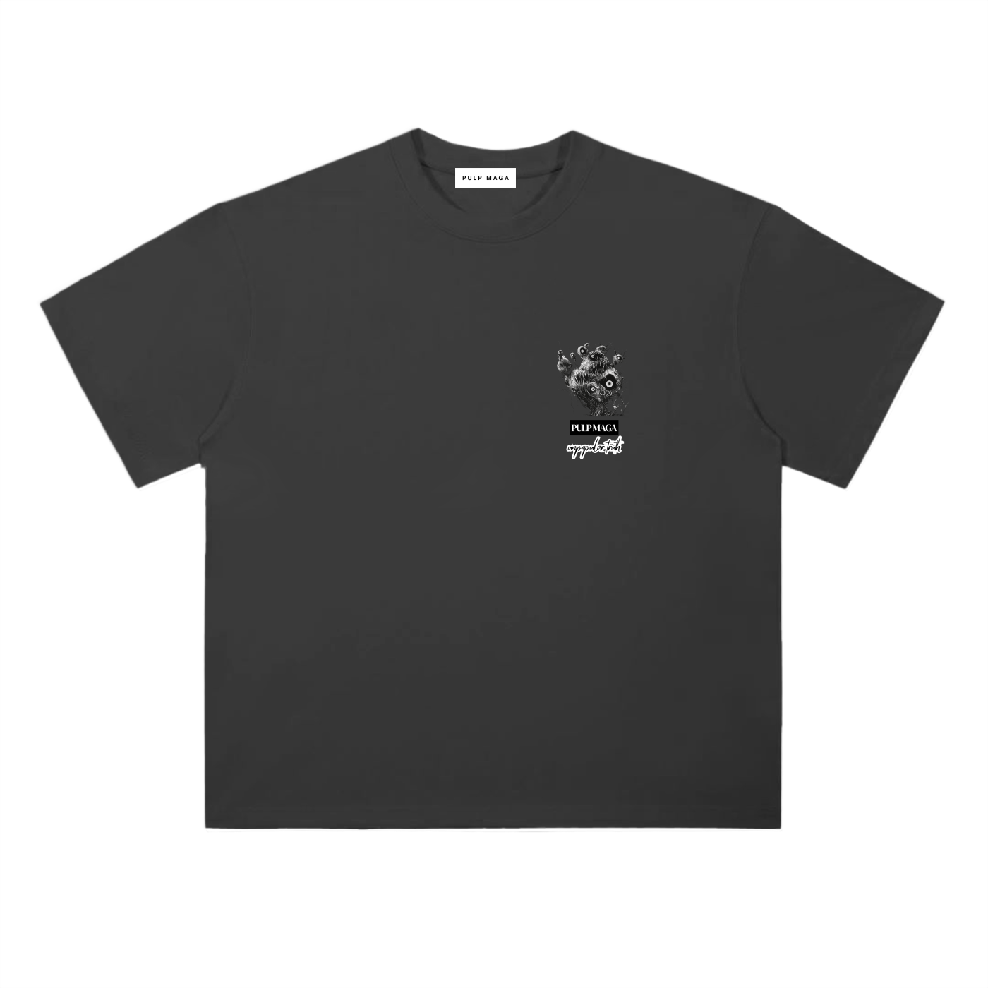 ESG t-shirt in classic black featuring surreal eyeball globe graphic and red typography