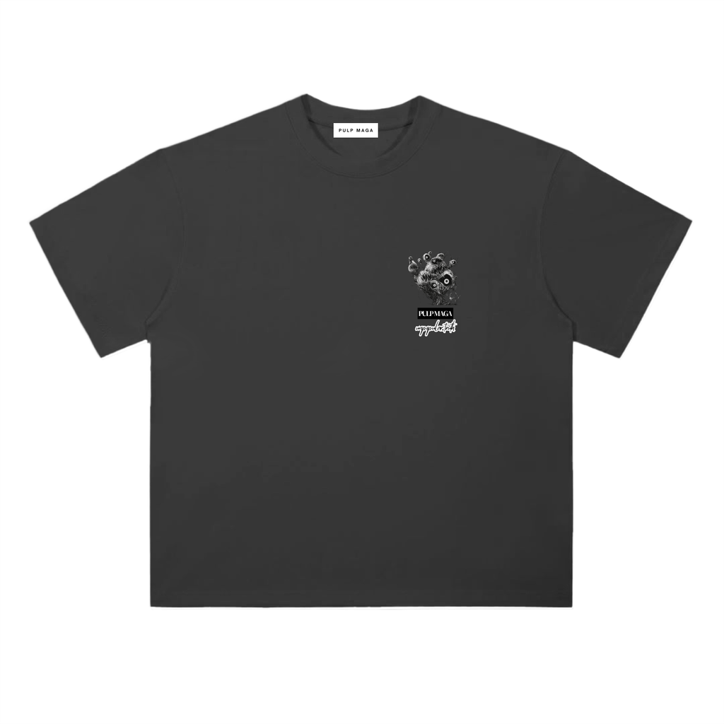 ESG t-shirt in classic black featuring surreal eyeball globe graphic and red typography