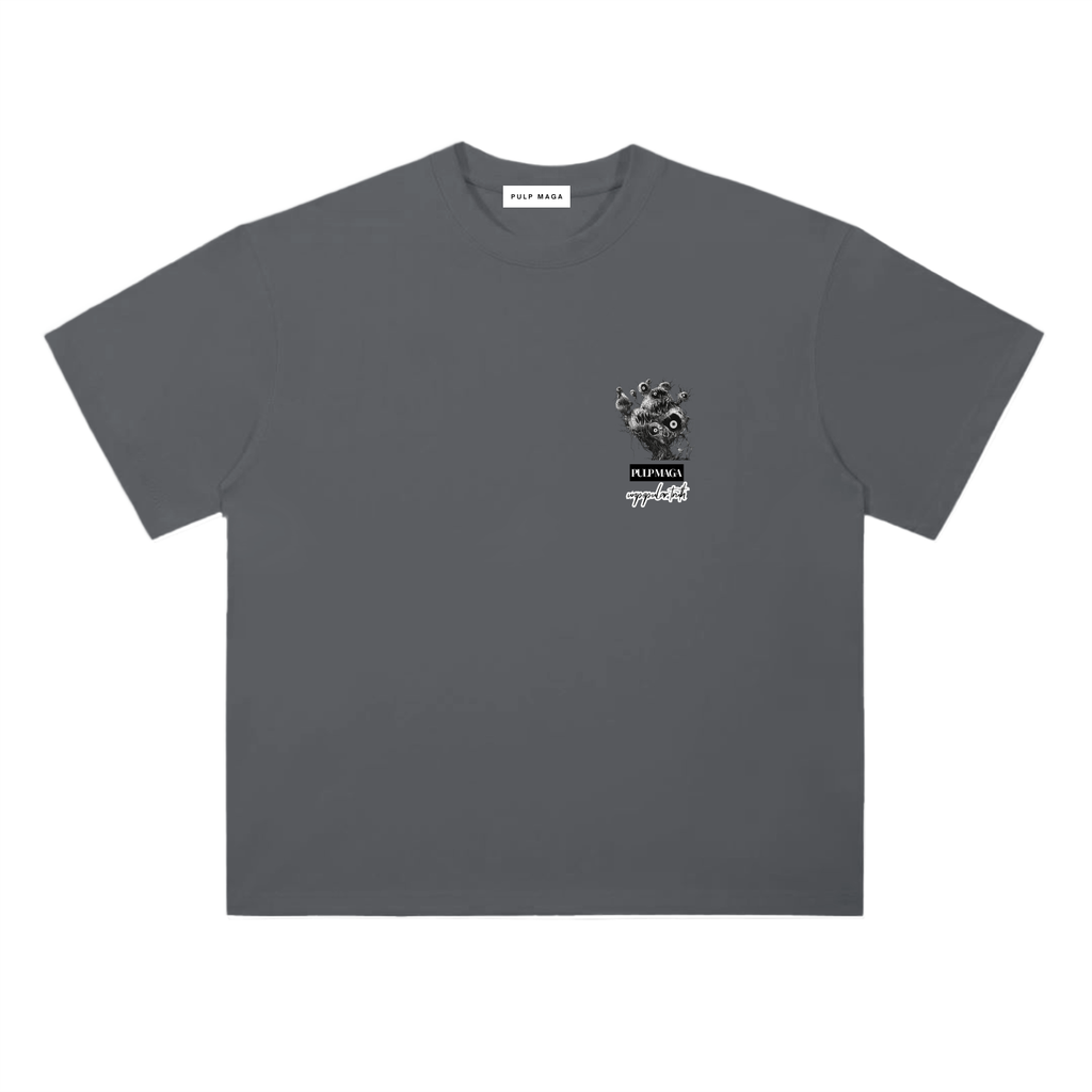 ESG t-shirt in dark gray featuring surreal eyeball globe graphic and red typography