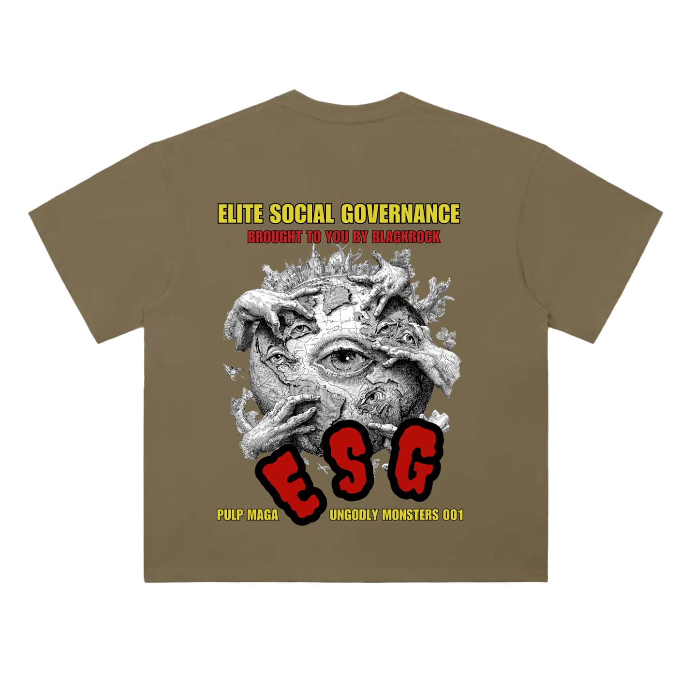 ESG t-shirt in deep khaki with Elite Social Governance graphic on back