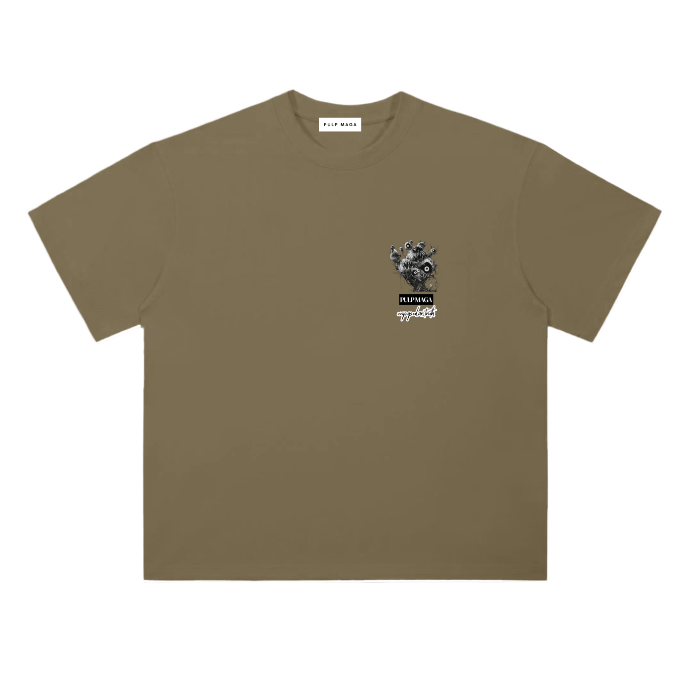 ESG t-shirt in deep khaki featuring surreal eyeball globe graphic and red typography