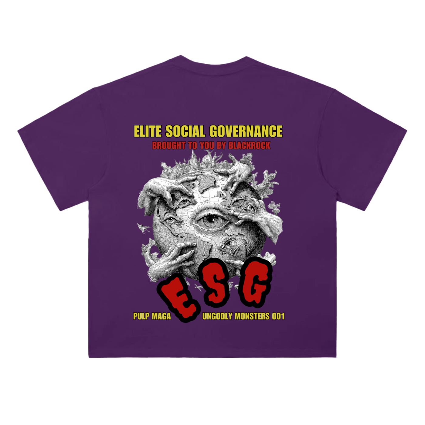 ESG t-shirt in grape purple with Elite Social Governance graphic on back