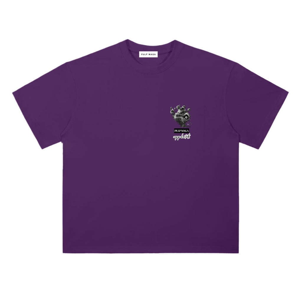 ESG t-shirt in grape purple featuring surreal eyeball globe graphic and red typography