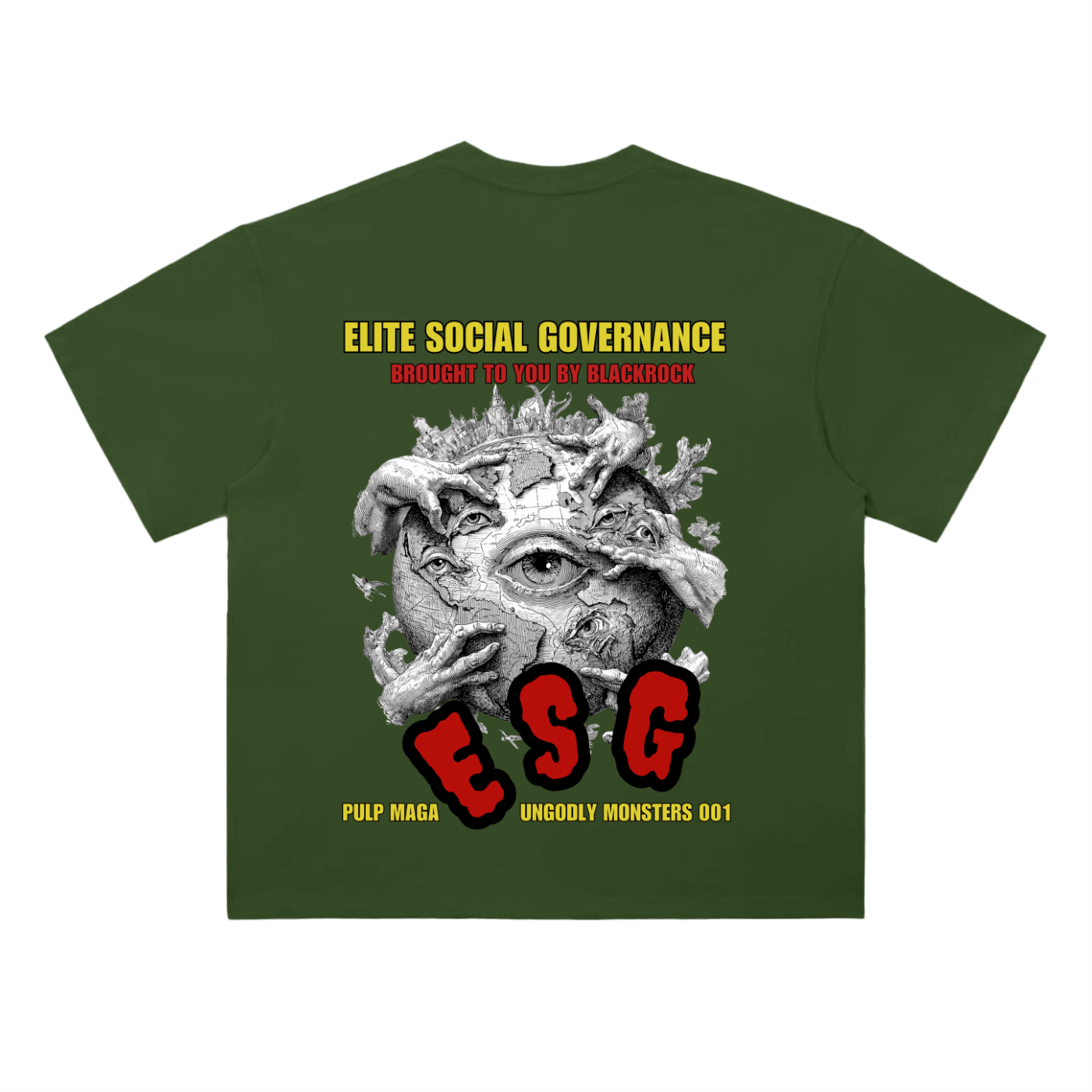 ESG t-shirt in jungle green with Elite Social Governance graphic on back