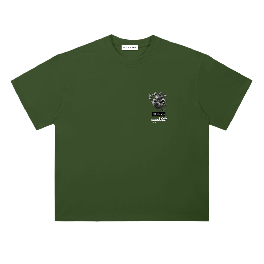 ESG t-shirt in jungle green featuring surreal eyeball globe graphic and red typography