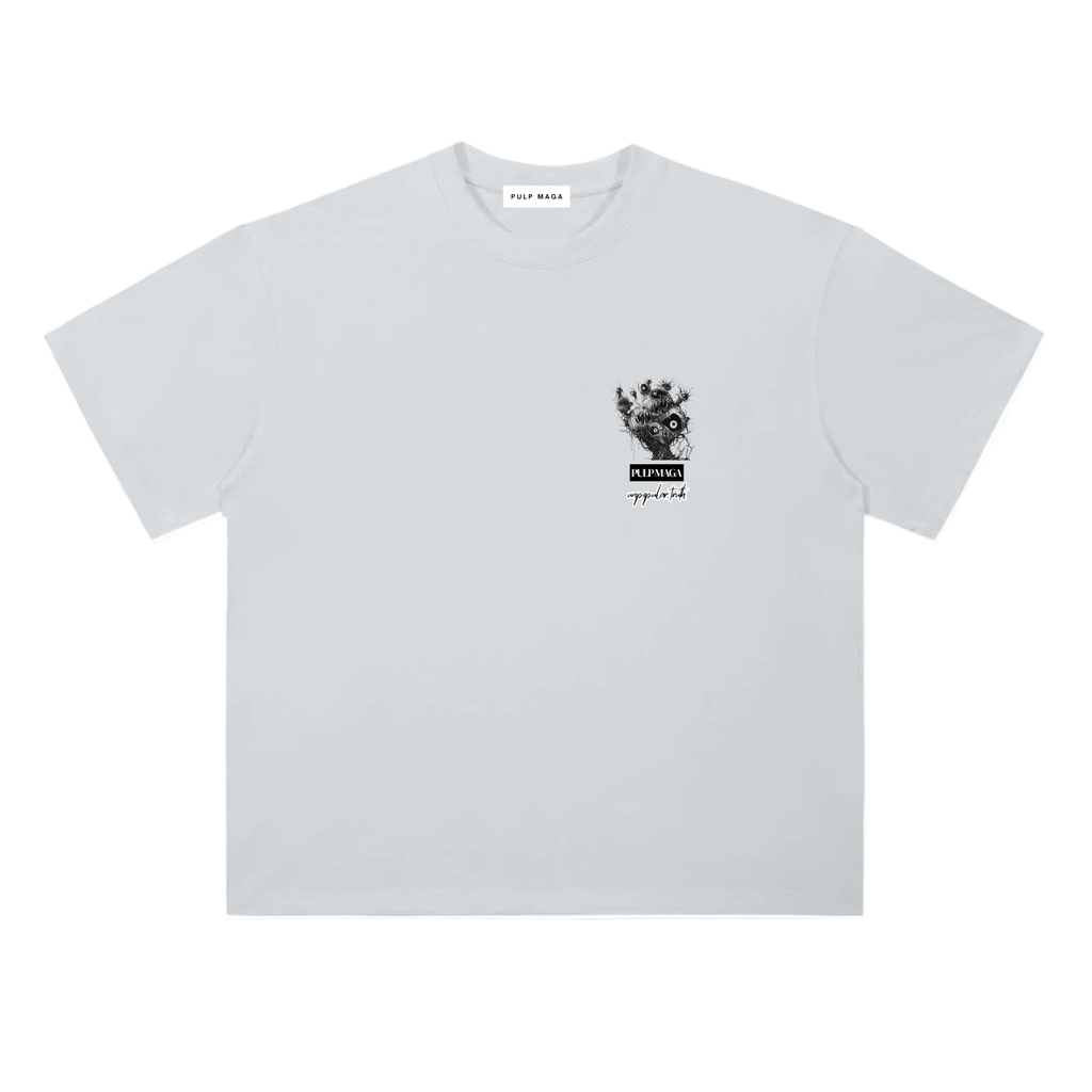 ESG t-shirt in light gray featuring surreal eyeball globe graphic and red typography