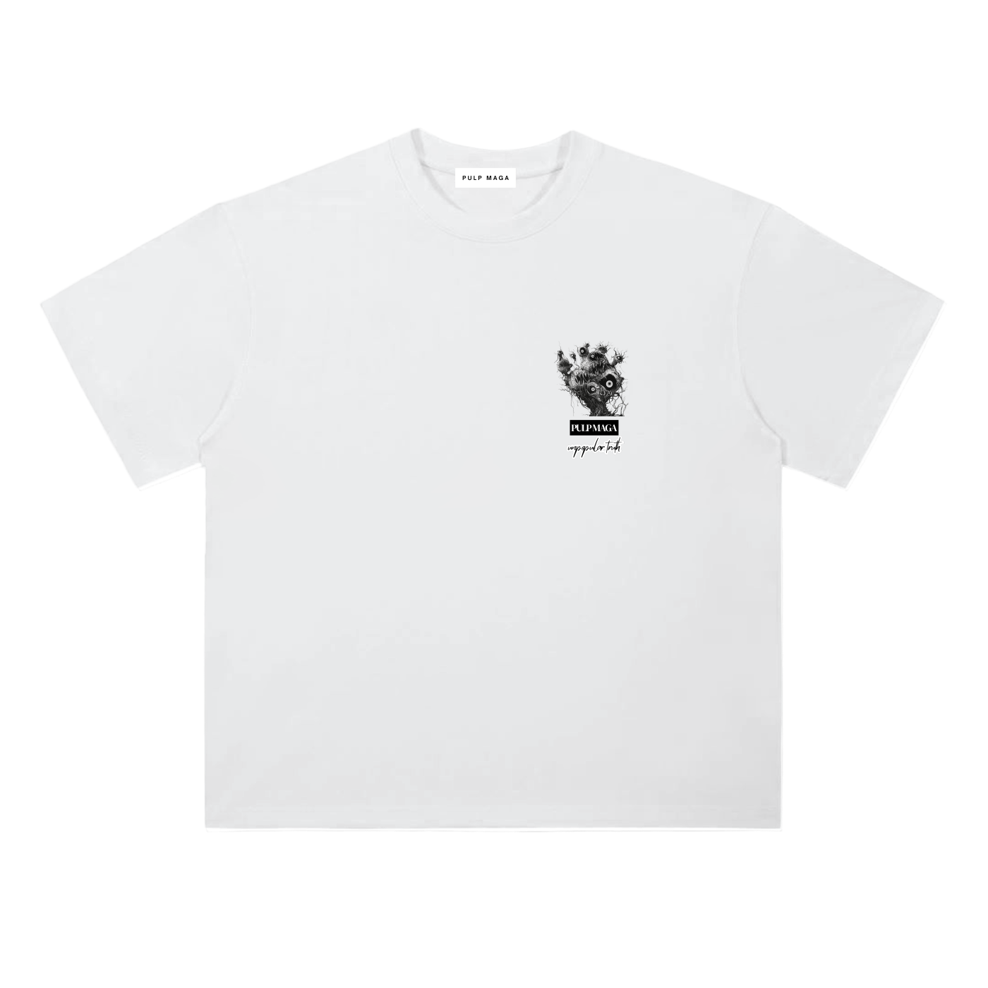 ESG t-shirt in lucent white featuring surreal eyeball globe graphic and red typography