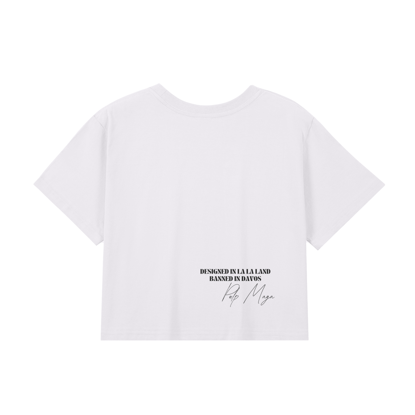 WOMEN PERFECT FIT CROP TOP IN PREMIUM COTTON WITH BANNED IN DAVOS ANTI-GLOBALIST SUBDUED MESSAGE IN AESTHETIC PRINT