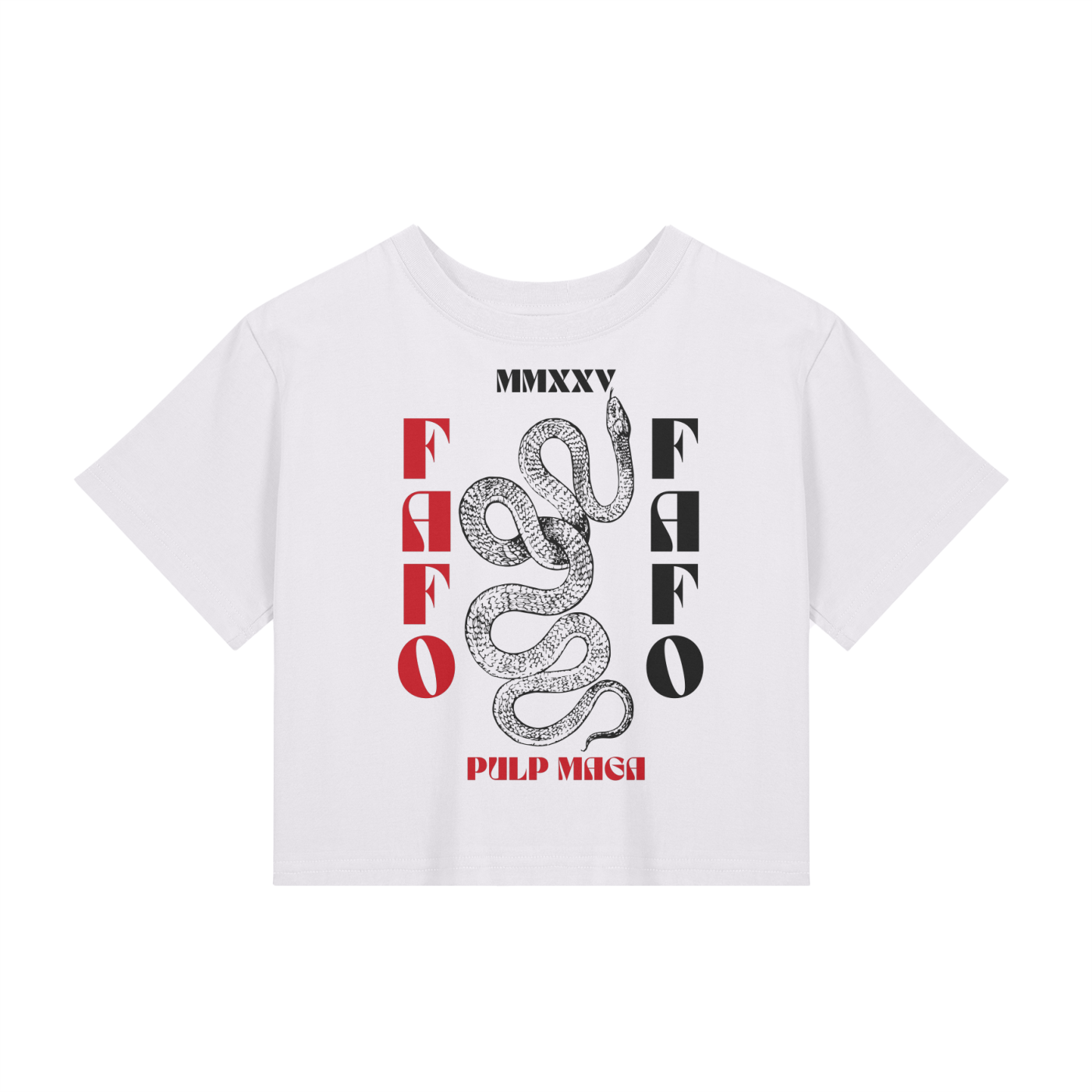 WHTIE CROP TOP WITH POLITICAL ARTWORK AND MAXIMAL CONTRAST BLACK AND RED BOLD TEXT FAFO MMXXV BY PULP MAGA