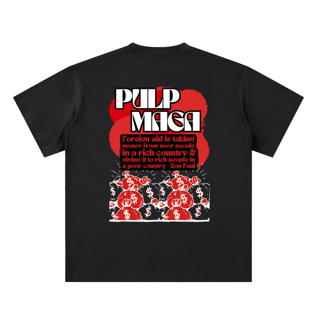 government waste t-shirt back view in black featuring propaganda-style foreign aid graphic on sueded cotton