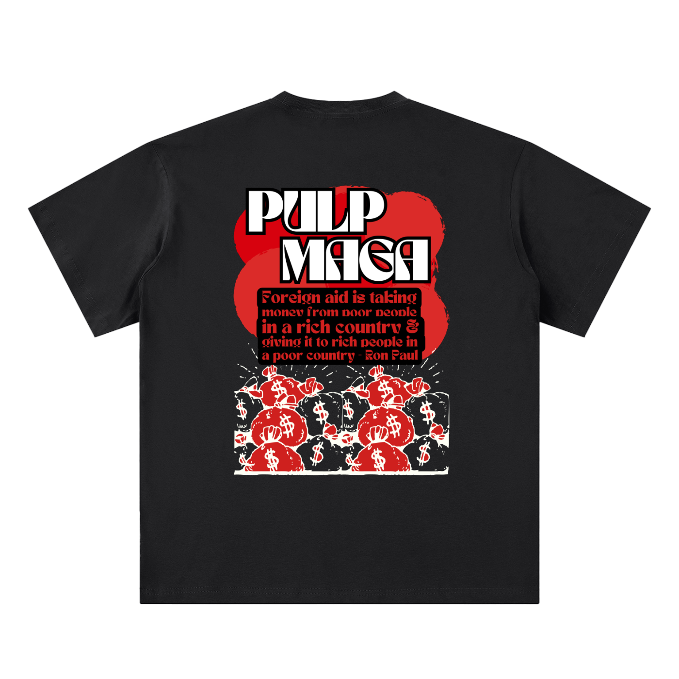 government waste t-shirt back view in black featuring propaganda-style foreign aid graphic on sueded cotton