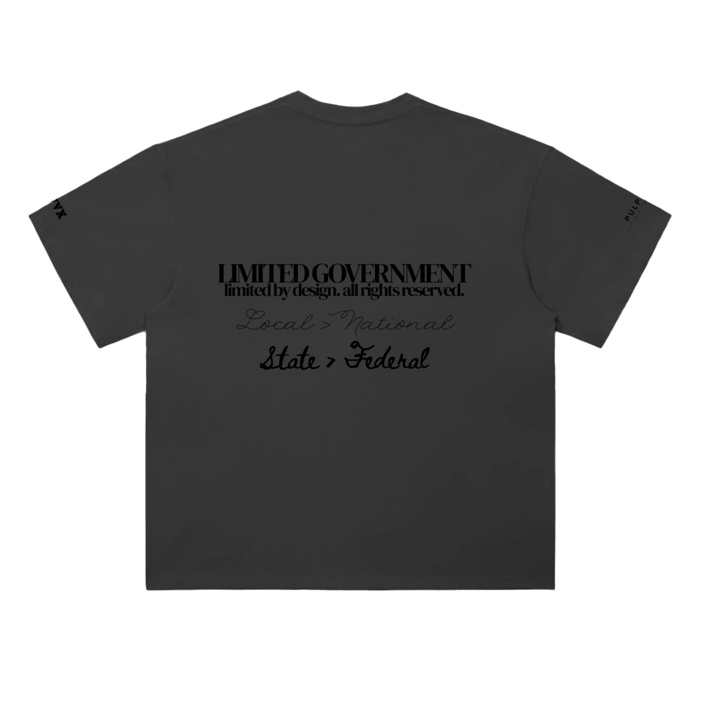 Limited government t-shirt in classic black featuring typographic back graphic
