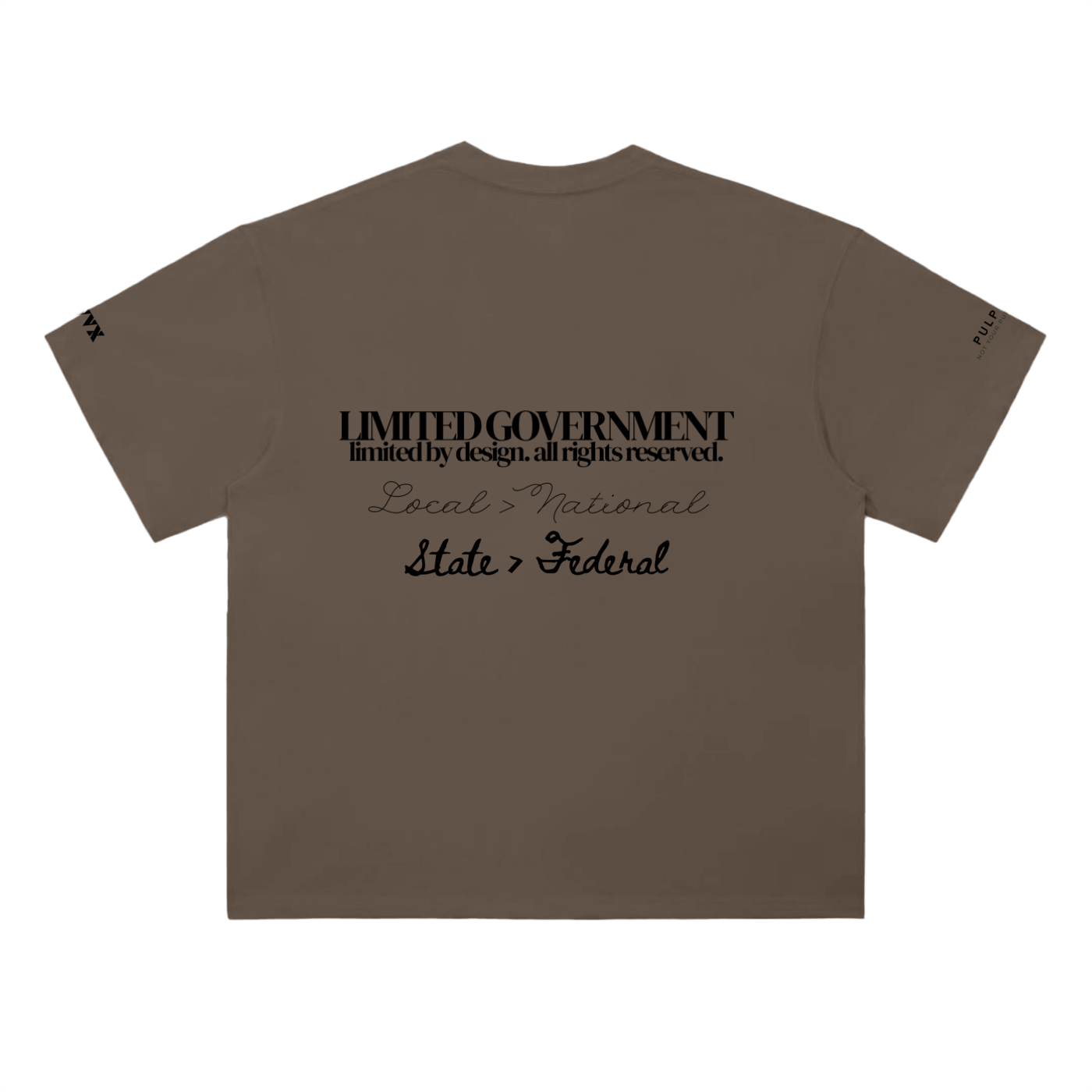 Limited government t-shirt in coffee brown featuring typographic back graphic